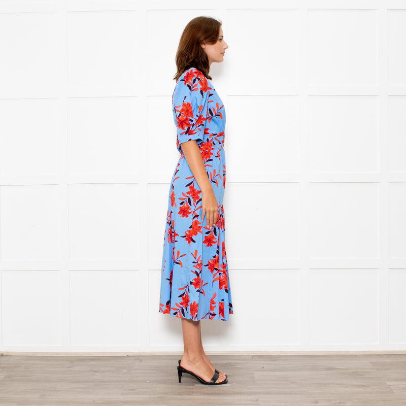 Diane Von Furstenberg Blue Stretch Cotton Tea Dress with Red Flowers