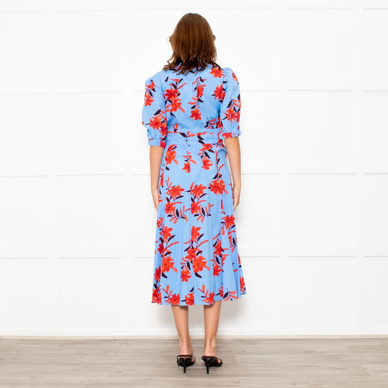 Diane Von Furstenberg Blue Stretch Cotton Tea Dress with Red Flowers