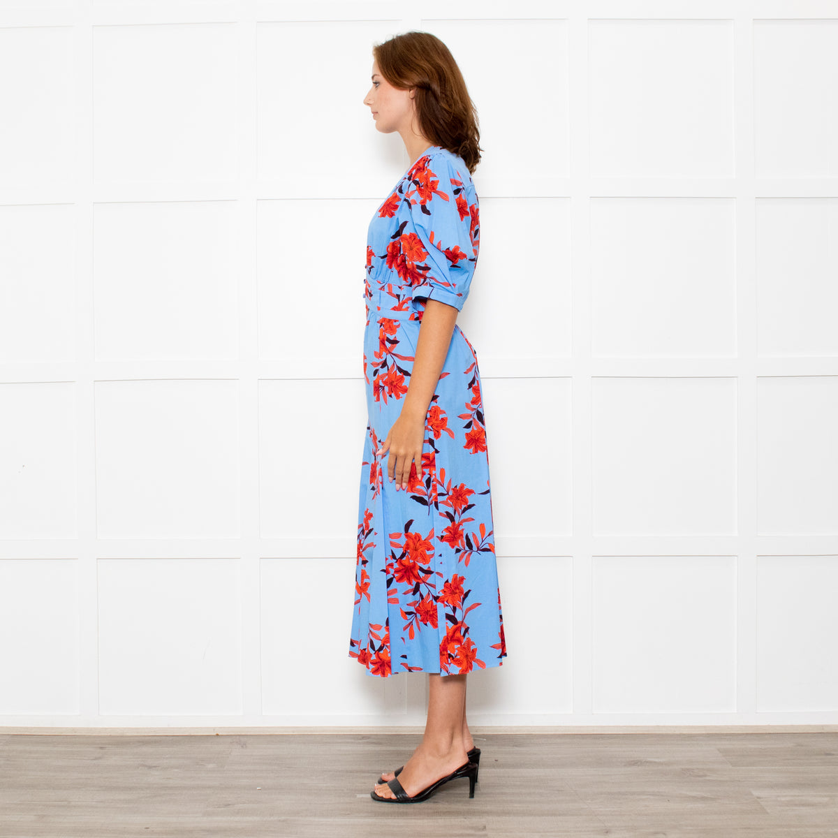 Diane Von Furstenberg Blue Stretch Cotton Tea Dress with Red Flowers