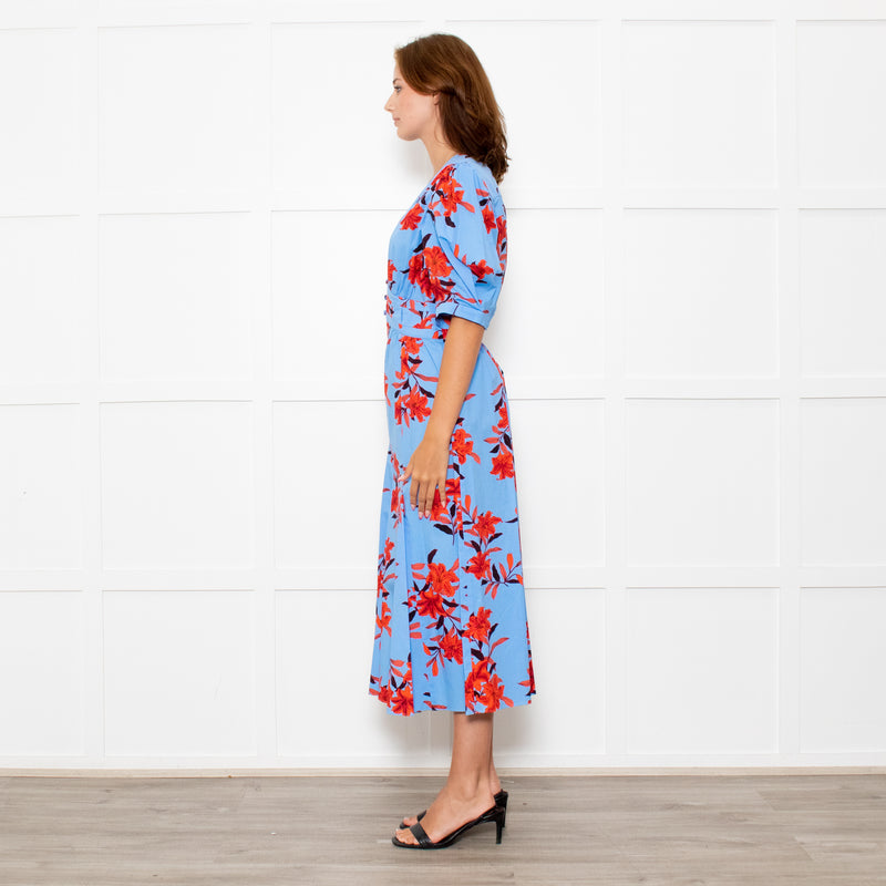 Diane Von Furstenberg Blue Stretch Cotton Tea Dress with Red Flowers