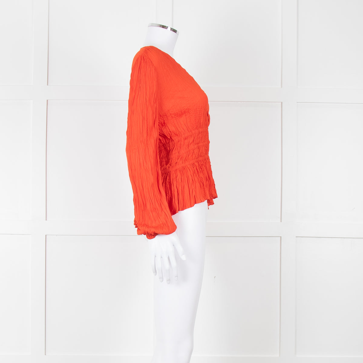 Maje Orange Crinkle Long Sleeve Top with Fitted Waist