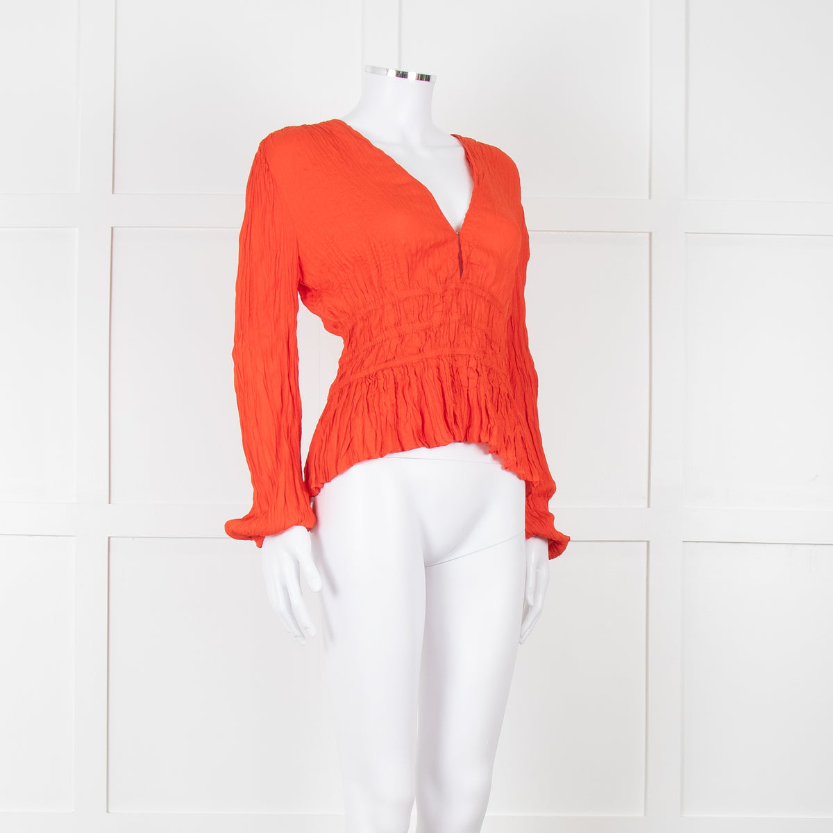 Maje Orange Crinkle Long Sleeve Top with Fitted Waist
