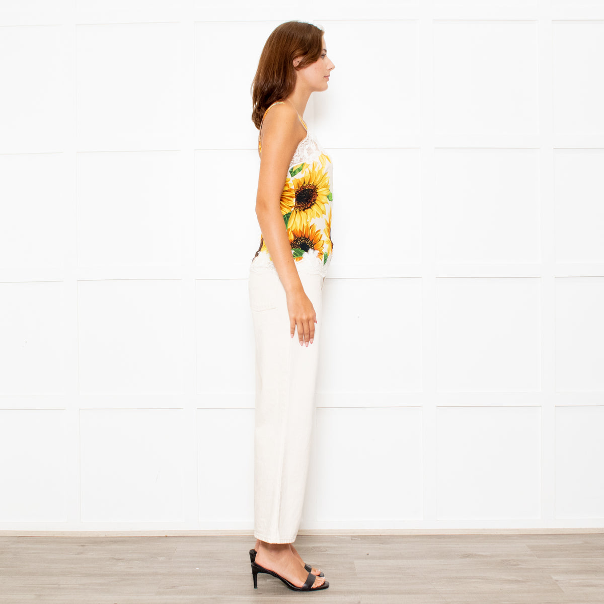 Dolce & Gabbana White Silk Mix Lace Trim Cami With Yellow Sunflower Print