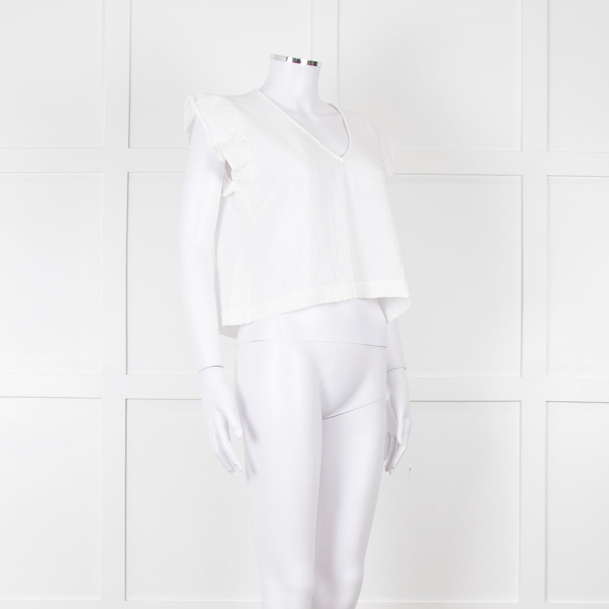 Rails White Check Cloth Short Top with Ruffled Shoulders
