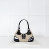 Prada Vintage Beige Canvas And Black Patent Moon Bag