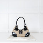 Prada Vintage Beige Canvas And Black Patent Moon Bag