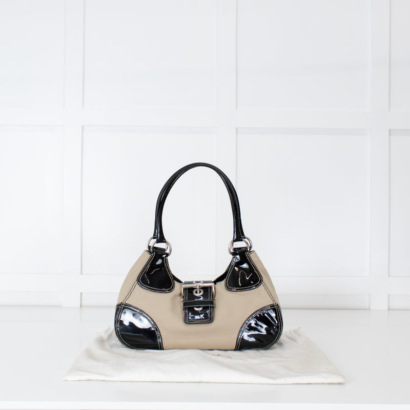 Prada Vintage Beige Canvas And Black Patent Moon Bag