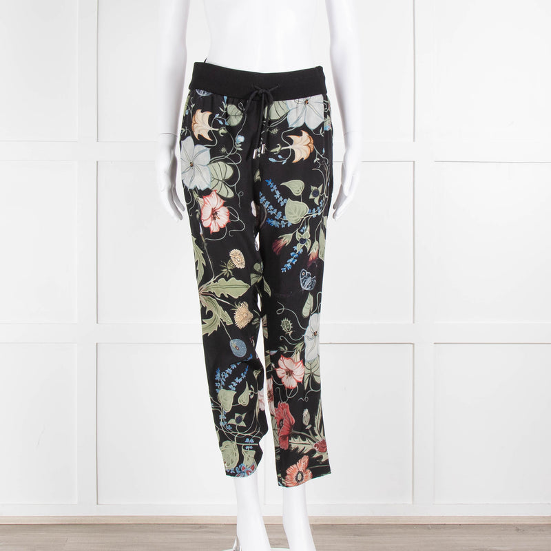 Gucci Black Floral Silk Trousers With Drawstring Waist