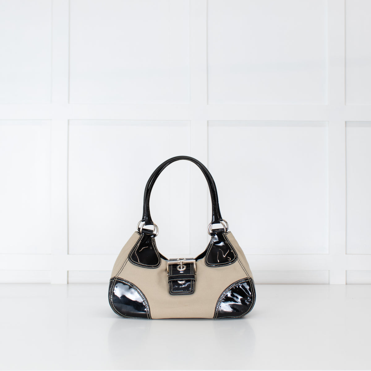 Prada Vintage Beige Canvas And Black Patent Moon Bag