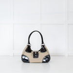 Prada Vintage Beige Canvas And Black Patent Moon Bag