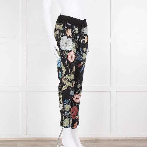 Gucci Black Floral Silk Trousers With Drawstring Waist