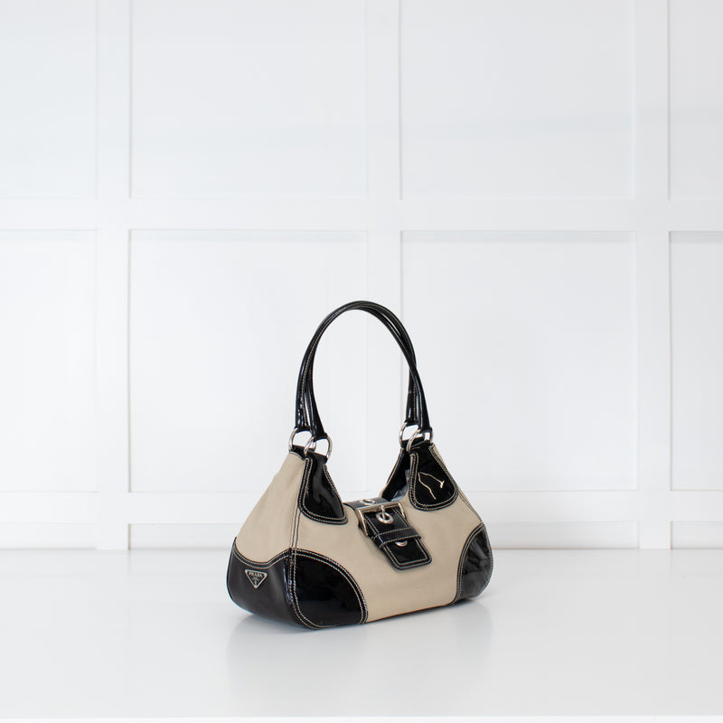 Prada Vintage Beige Canvas And Black Patent Moon Bag