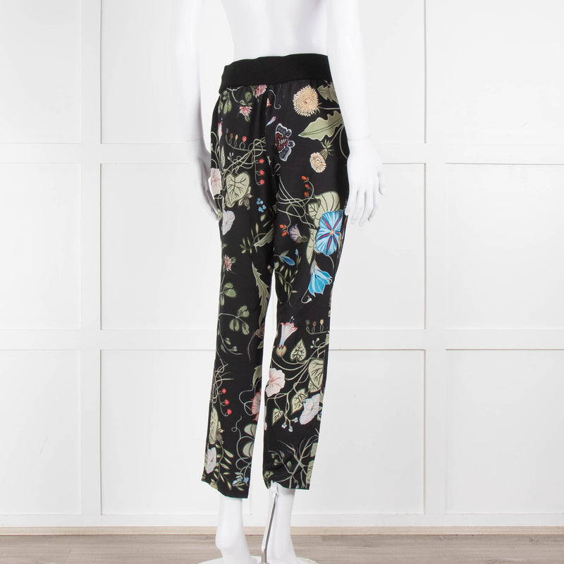 Gucci Black Floral Silk Trousers With Drawstring Waist