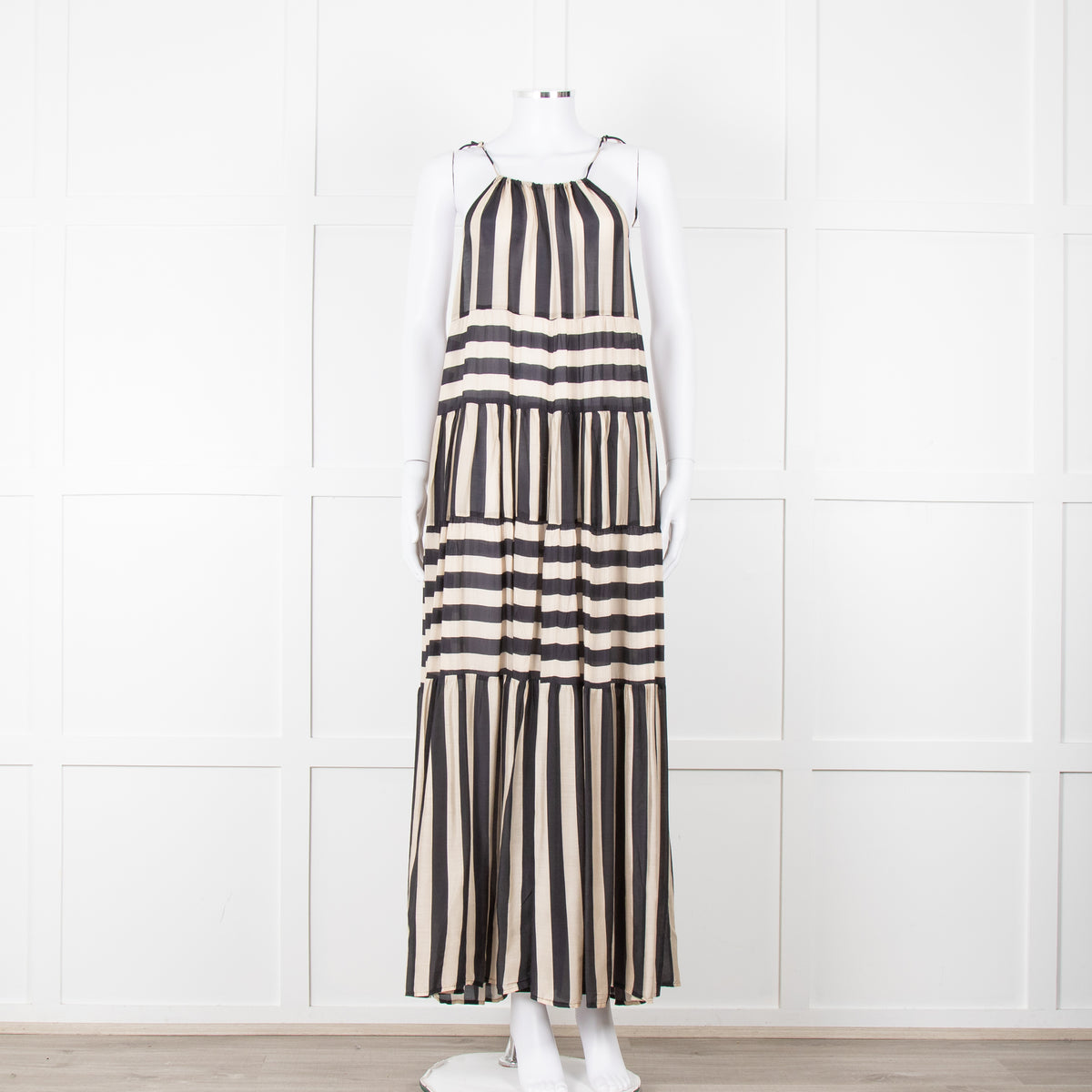 Sundress Black and Beige Stripe Halterneck Midi Dress