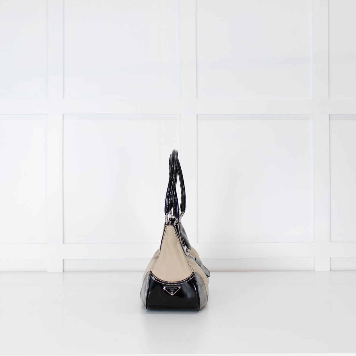 Prada Vintage Beige Canvas And Black Patent Moon Bag