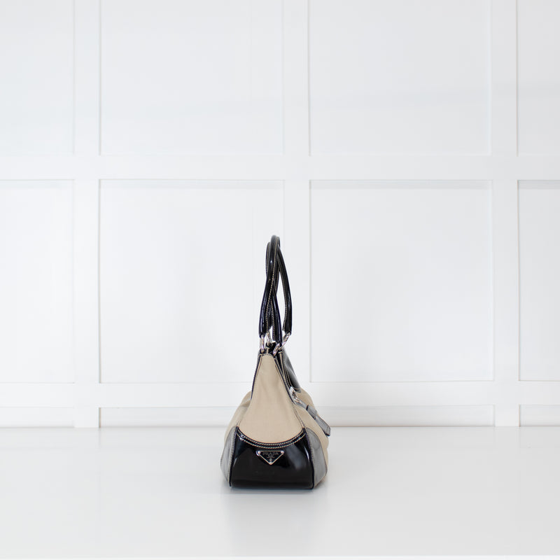 Prada Vintage Beige Canvas And Black Patent Moon Bag