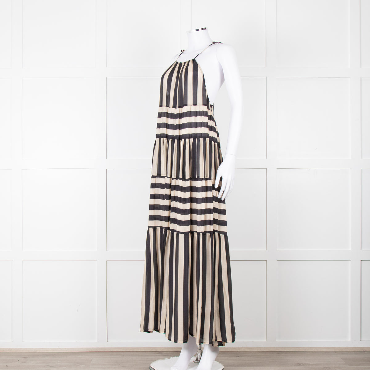 Sundress Black and Beige Stripe Halterneck Midi Dress