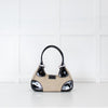 Prada Vintage Beige Canvas And Black Patent Moon Bag