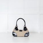 Prada Vintage Beige Canvas And Black Patent Moon Bag