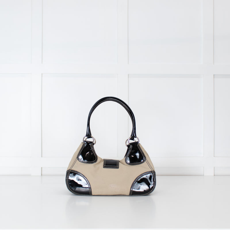 Prada Vintage Beige Canvas And Black Patent Moon Bag