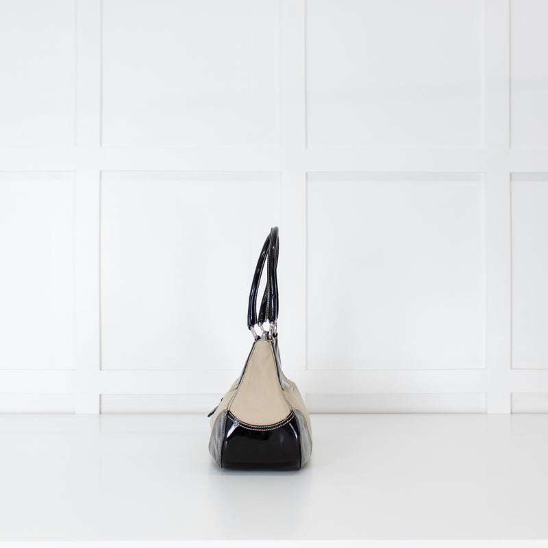 Prada Vintage Beige Canvas And Black Patent Moon Bag