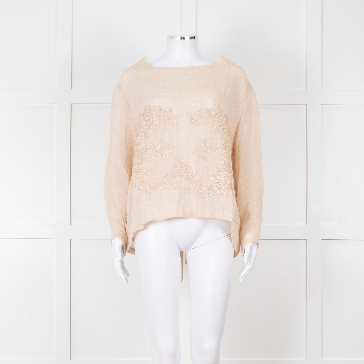 Maurizio Beige Linen Embroidered Tie Back Top