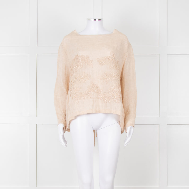 Maurizio Beige Linen Embroidered Tie Back Top