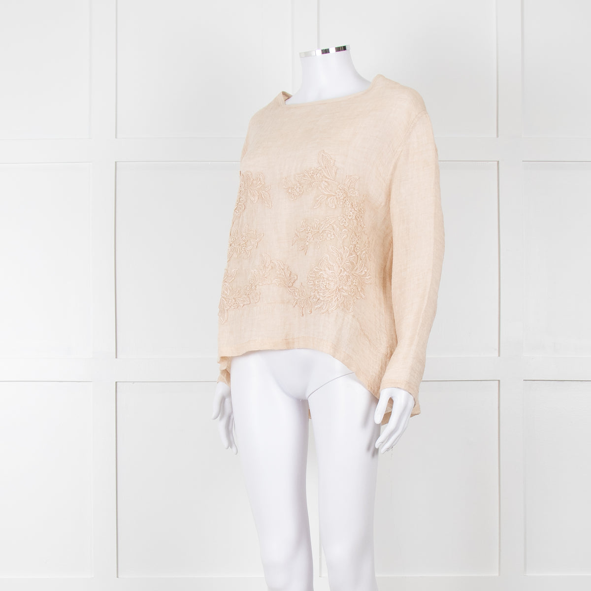Maurizio Beige Linen Embroidered Tie Back Top
