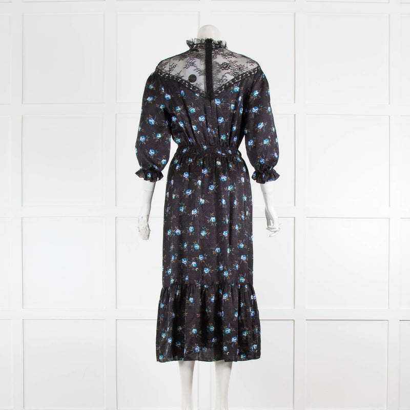 Sandro Black With Blue Flowers And Lace Chest Dress