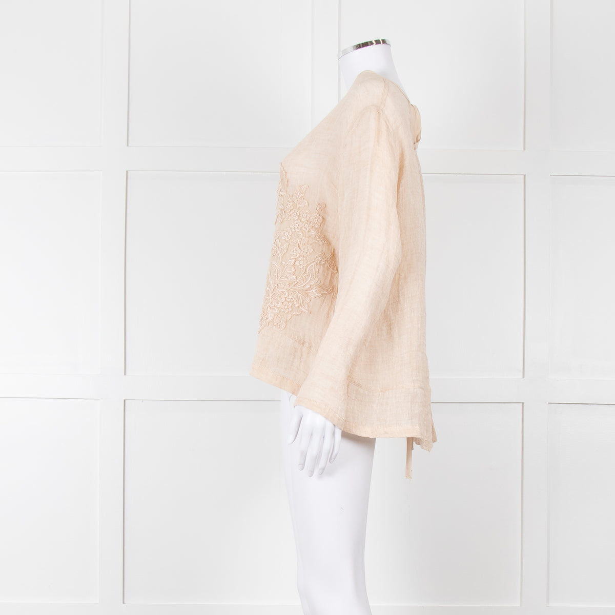 Maurizio Beige Linen Embroidered Tie Back Top