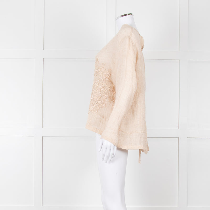 Maurizio Beige Linen Embroidered Tie Back Top