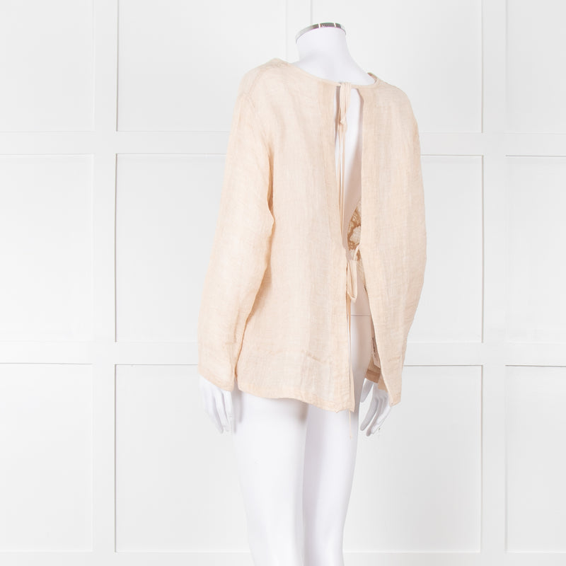 Maurizio Beige Linen Embroidered Tie Back Top
