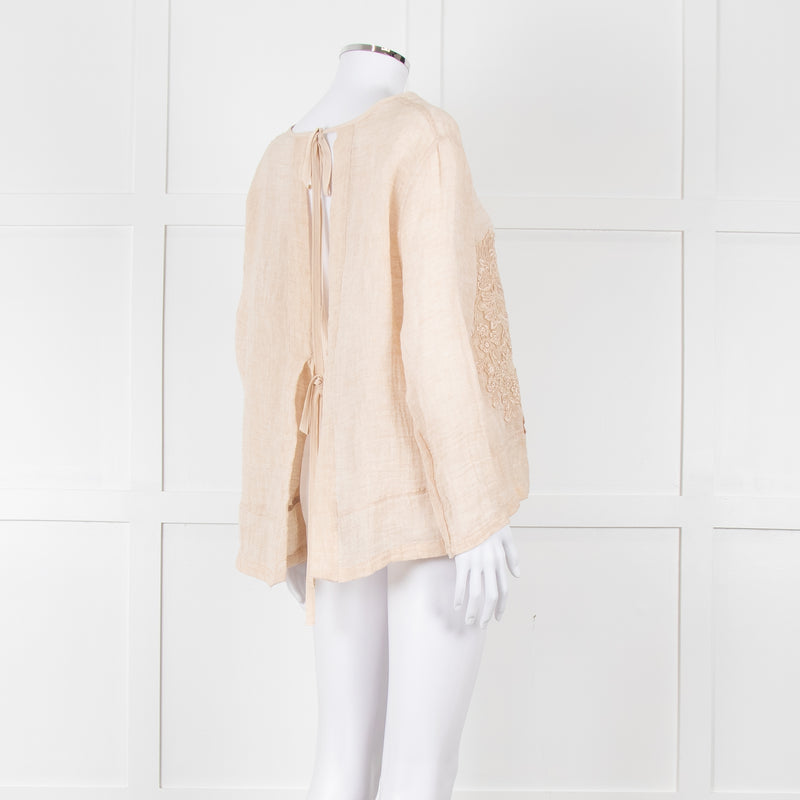 Maurizio Beige Linen Embroidered Tie Back Top