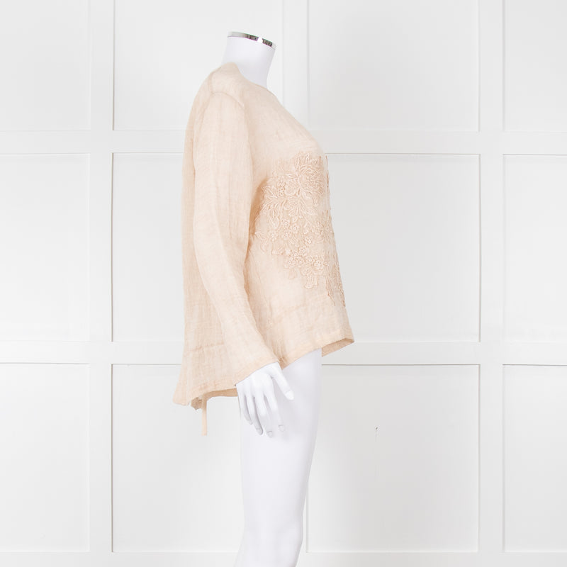 Maurizio Beige Linen Embroidered Tie Back Top