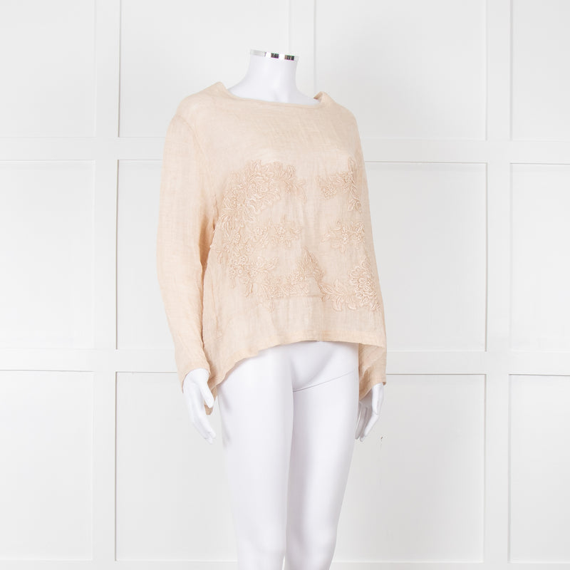 Maurizio Beige Linen Embroidered Tie Back Top