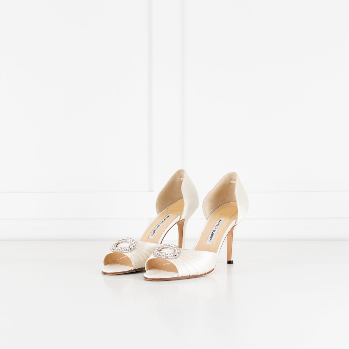 Manolo Blahnik Cream Satin Crystal Embellished Heeled Shoes