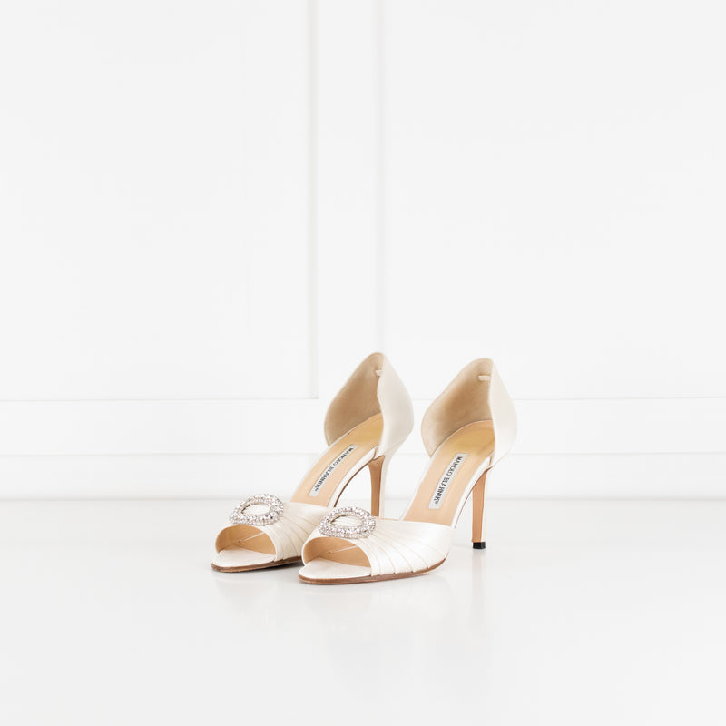 Manolo Blahnik Cream Satin Crystal Embellished Heeled Shoes