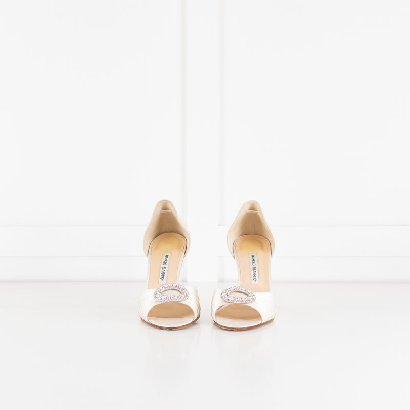 Manolo Blahnik Cream Satin Crystal Embellished Heeled Shoes