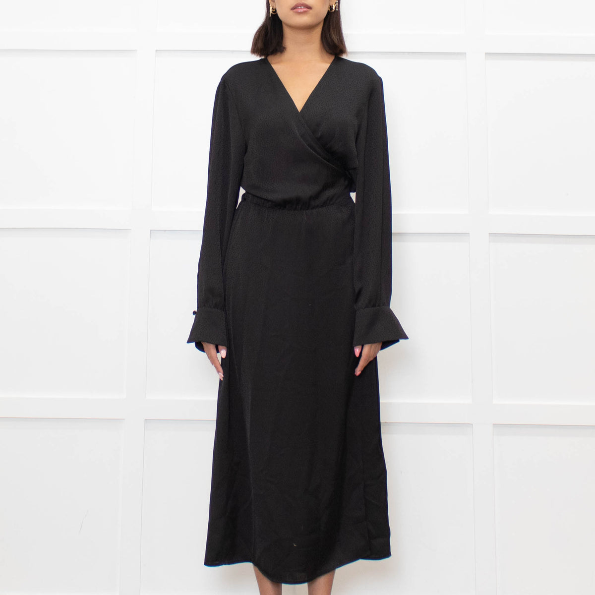 Ba&sh Black On Black Print Wrap Long Sleeve Dress