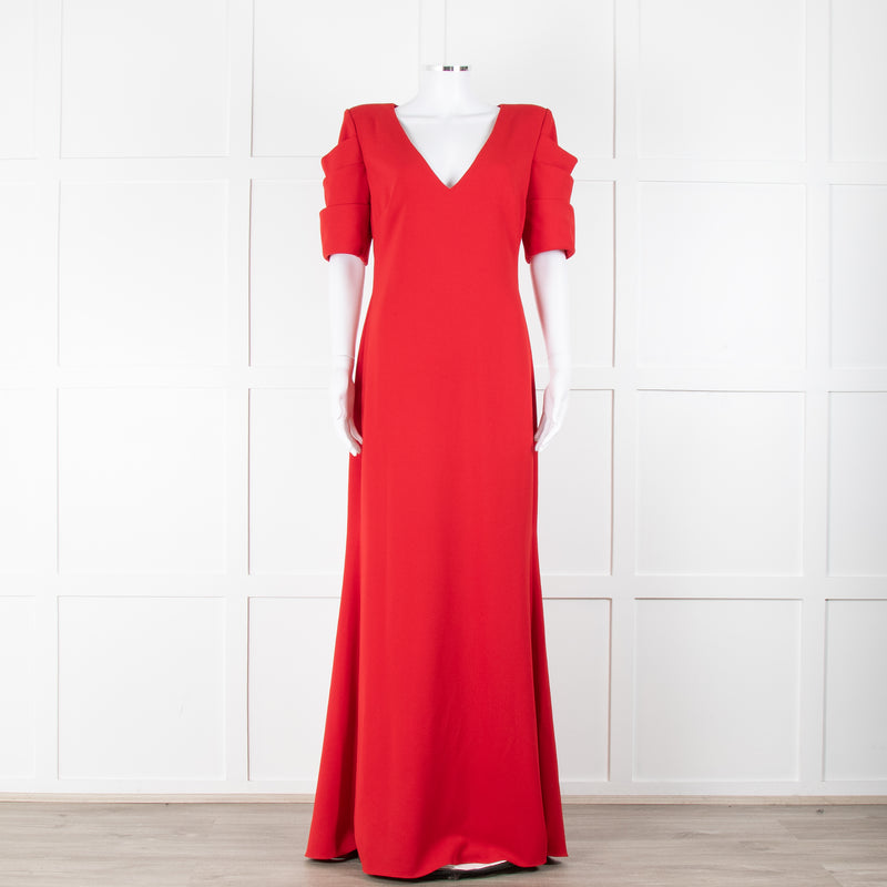 Badgley Mischka Red Full Length Gown with Fold Detail Sleeves
