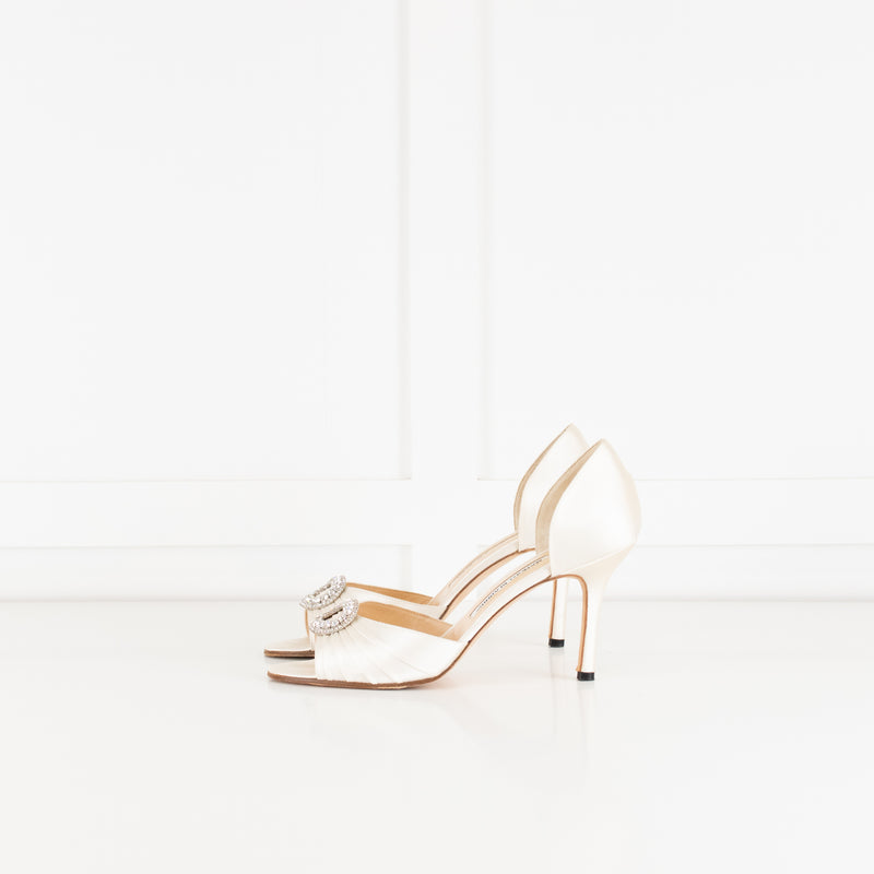 Manolo Blahnik Cream Satin Crystal Embellished Heeled Shoes