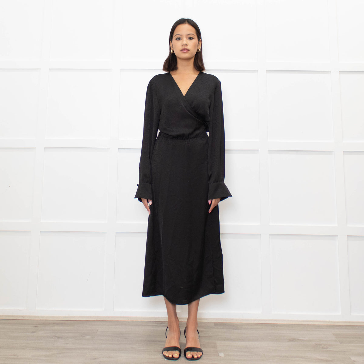 Ba&sh Black On Black Print Wrap Long Sleeve Dress