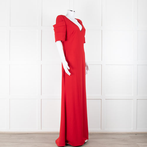 Badgley Mischka Red Full Length Gown with Fold Detail Sleeves