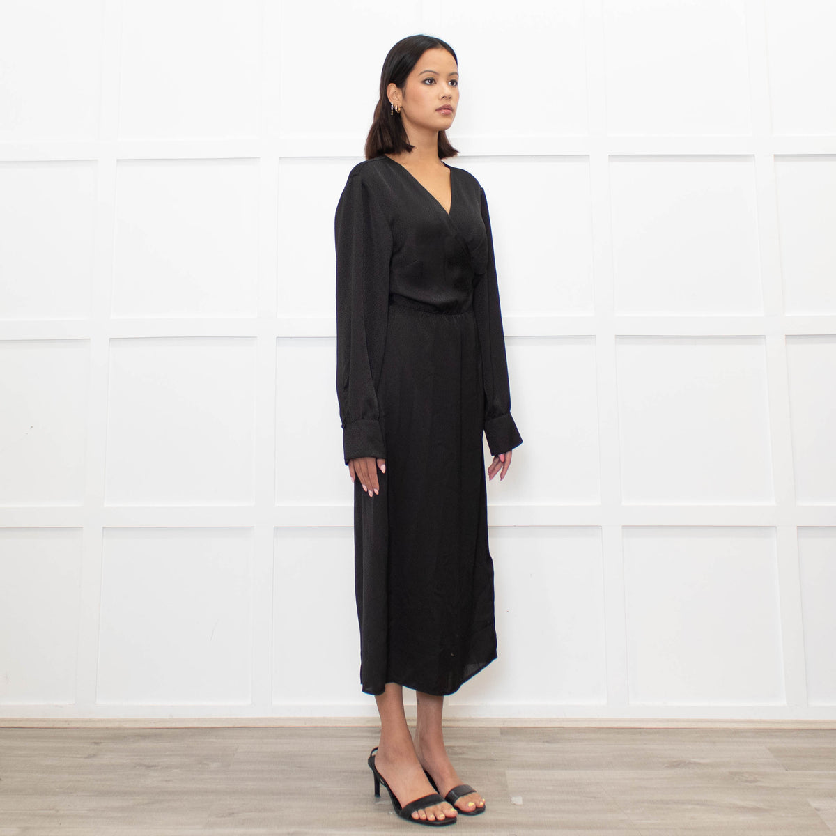 Ba&sh Black On Black Print Wrap Long Sleeve Dress