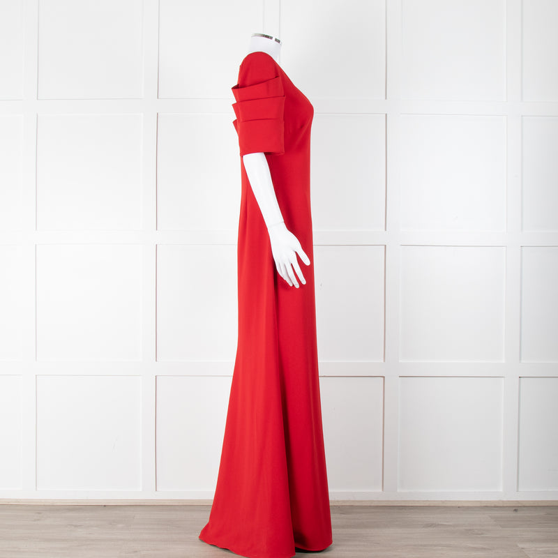 Badgley Mischka Red Full Length Gown with Fold Detail Sleeves
