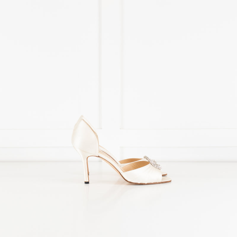 Manolo Blahnik Cream Satin Crystal Embellished Heeled Shoes