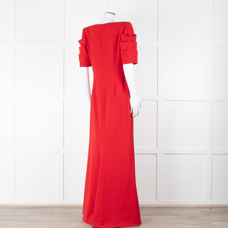 Badgley Mischka Red Full Length Gown with Fold Detail Sleeves