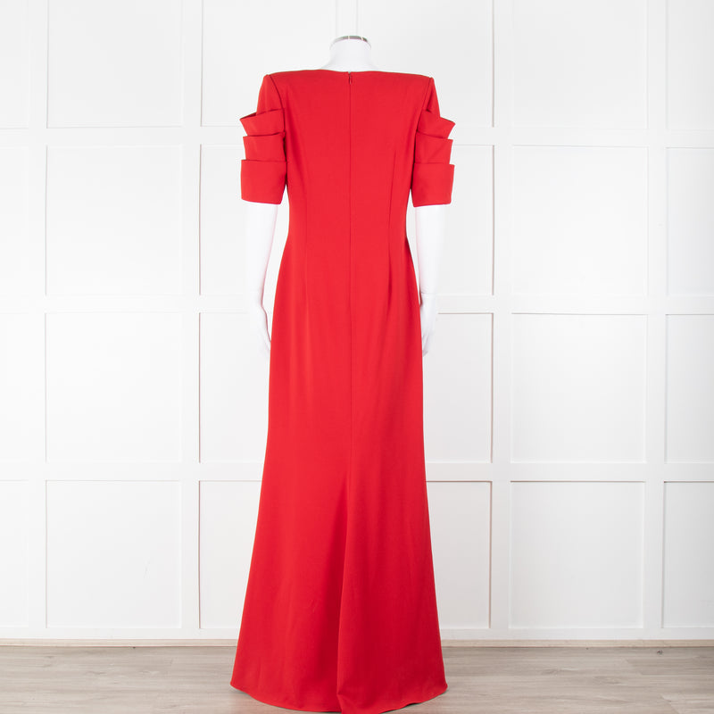 Badgley Mischka Red Full Length Gown with Fold Detail Sleeves