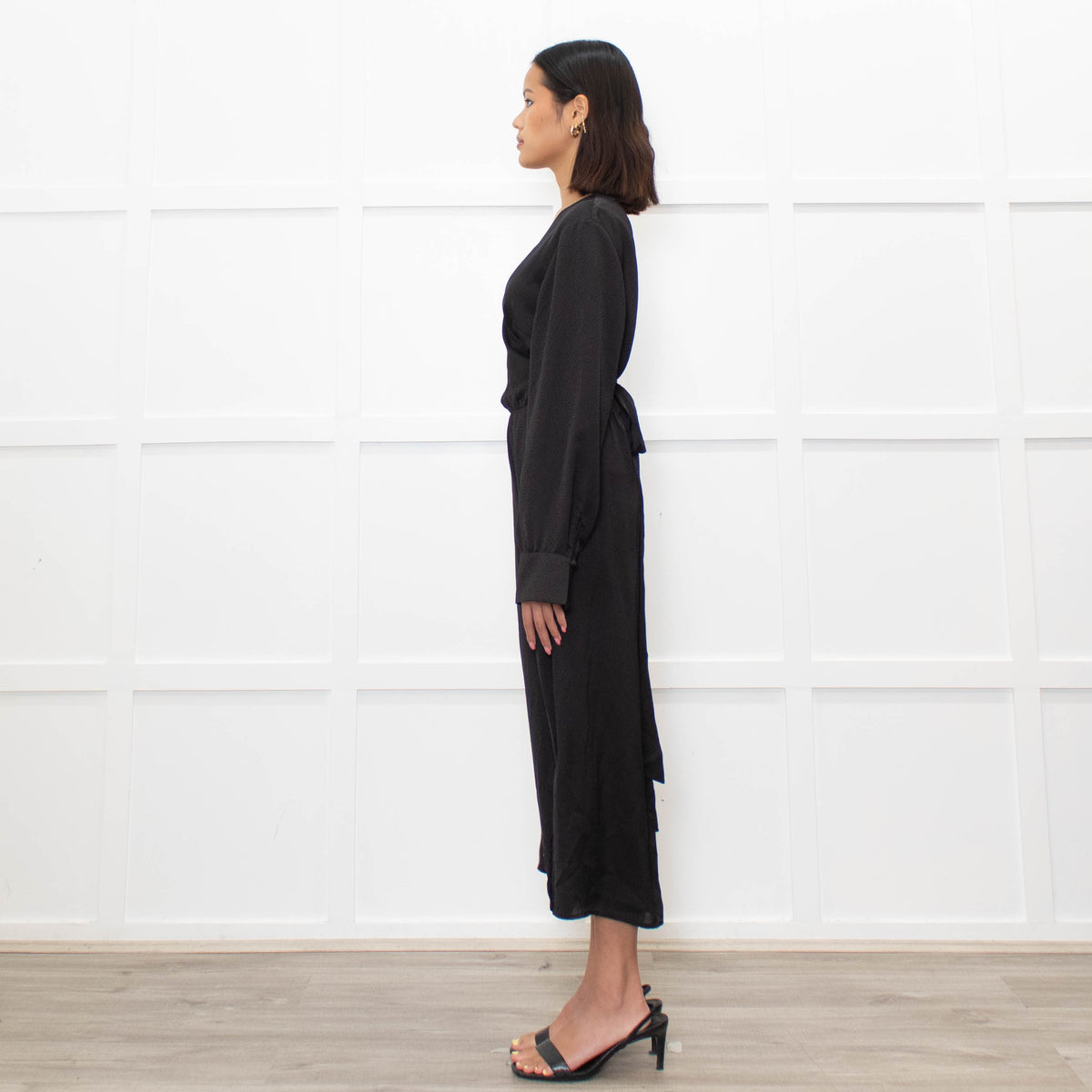 Ba&sh Black On Black Print Wrap Long Sleeve Dress