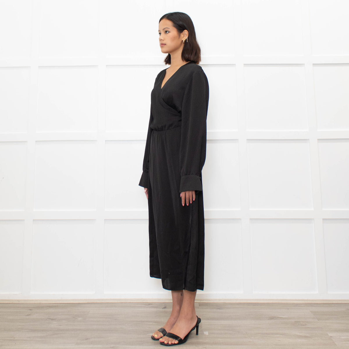 Ba&sh Black On Black Print Wrap Long Sleeve Dress